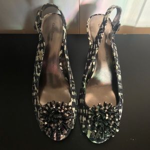 Croft and Barrow white and black heels with ribbon bow. Used.